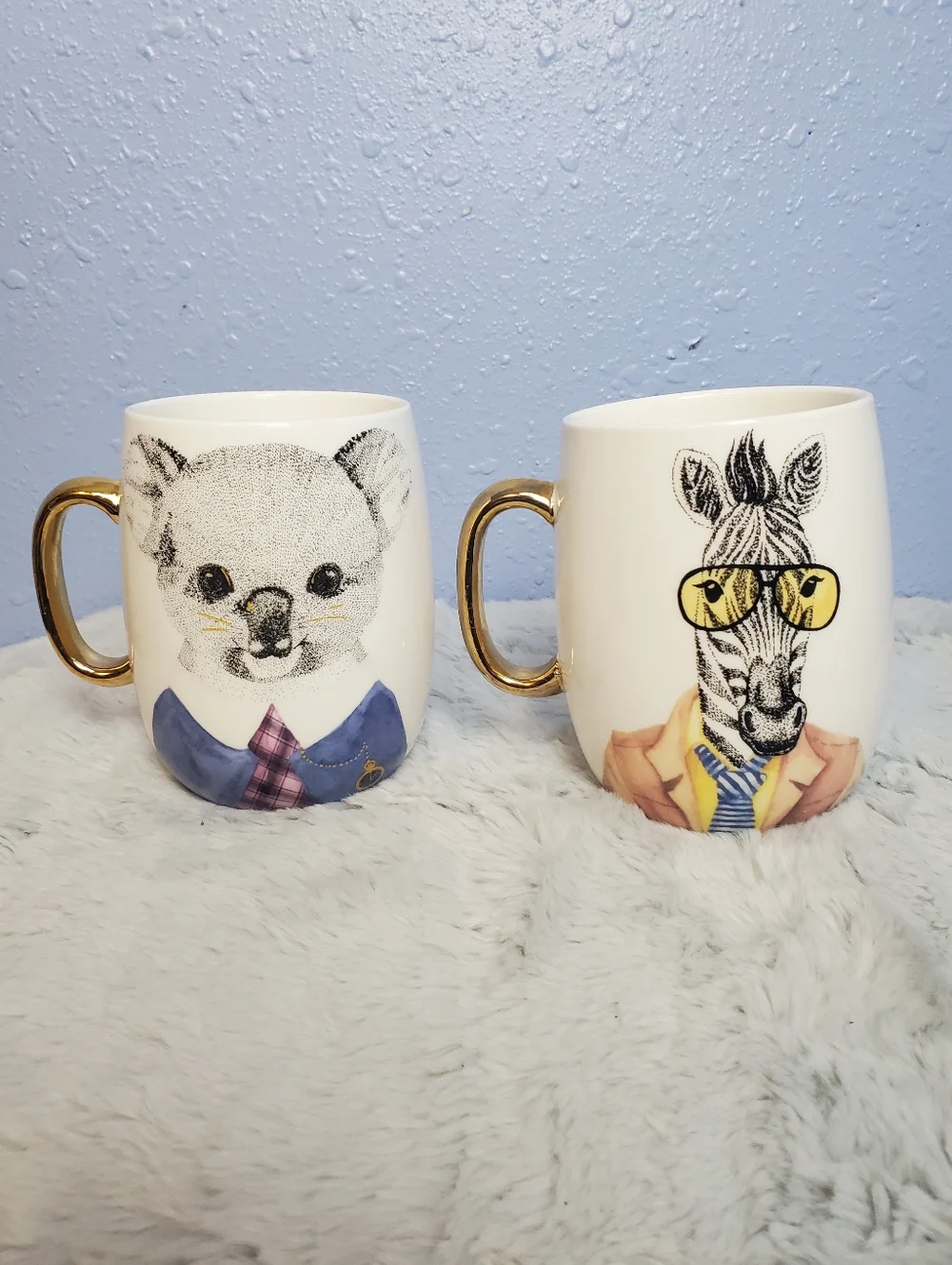 Set of 2 Pier 1 Imports Mugs: Zebra With Gold Handle and Koala With Gold Handle
